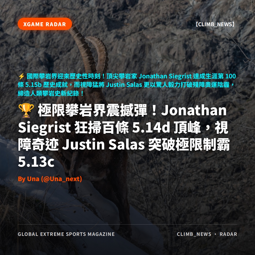 極限攀岩界震撼彈!Jonathan Siegrist 狂掃百條 5.14d 頂峰,視障奇迹 Justin Salas 突破極限制霸 5.13c